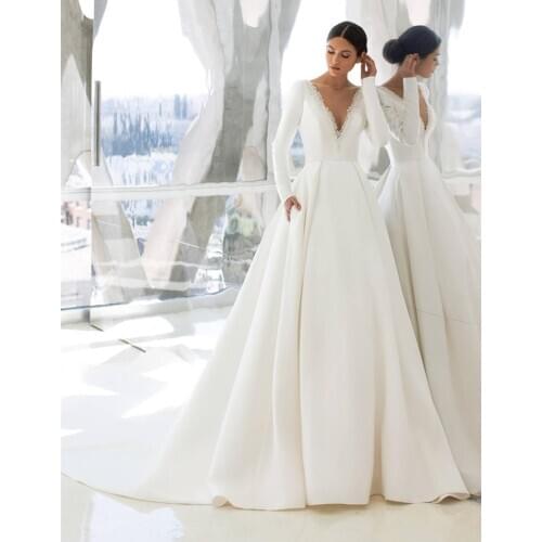 Custom Made Satin Wedding Dresses Simple Deep V-neck Long Sleeve Ruffled Bridal Gowns