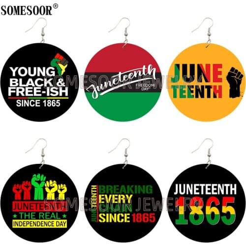 SOMESOOR Jewelry Juneteenth The Real Indenpendence Day Wooden Double Sides Printing Drop Dangle African Earrings For Women Gifts