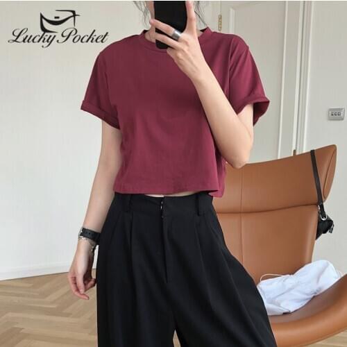Women Summer New Solid Color Fashion Crop Cotton T-Shirt Female Loose Casual Short Tees Ladies High Quality Slim O-Neck Top M322