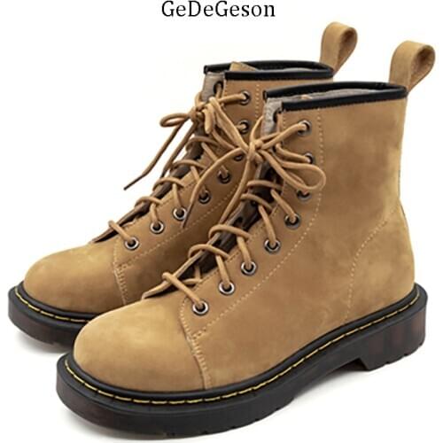 Real Cowhide Leather Boots Women Lace-up Spring and Autumn Wearing Simple and Comfortable Cool Shoes for Ladies