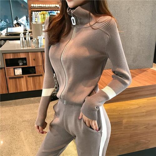 Women 's Knitting Tracksuits Turtleneck Zipper Knit Jacket Coat and Pocket Pencil Pants Set Sweater Two Piece Sets for Woman