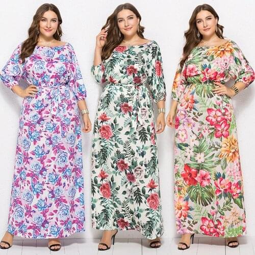 Large Size 2021 Autumn Flower Print Long Dresses Women Fashion O Neck Half Sleeve Belt Female Loose Plus Size Dress Vestidos 3XL