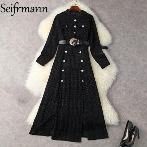 Seifrmann New 2021 Autumn Women Fashion Runway Long Dress Lantern Sleeve Sashes Double Breasted Printed Velvet A-Line Dresses