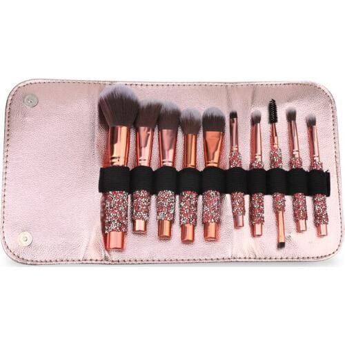 10pcs soft synthetic hair diamond make up brush set high quality with coffee pu bag