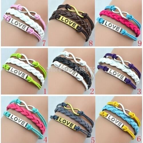 20pcs(Mixing of colors & styles) Infinity love Ancient silver Combination blue red pink leather bracelet , bracelets wholesale
