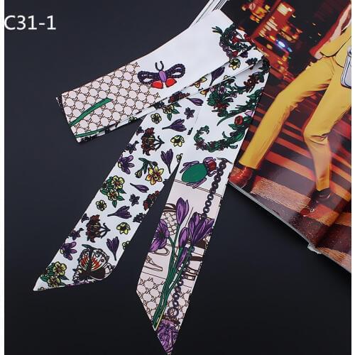 2019 New Small Scarf Honeybee Bowknot Floral Print Women Silk Scarf Fashion Head Scarf Brand Handle Bag Ribbons Long Scarves