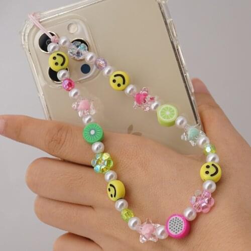 2021 Creative Yellow Smiley Beads Phone Chain For Women Fashion Bead Phone Case Charm Girl Mobile Anti-Lost Lanyard Jewelry Gift