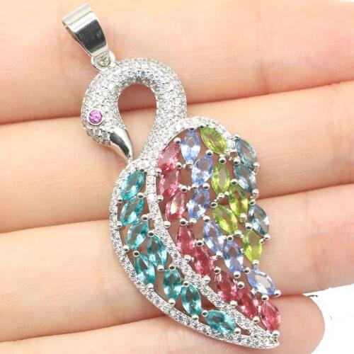 55x25mm Multi Color Big Swan Shape Garnet Aquamarine Peridot Tanzanite CZ For Women 925 Sterling Silver Pendant