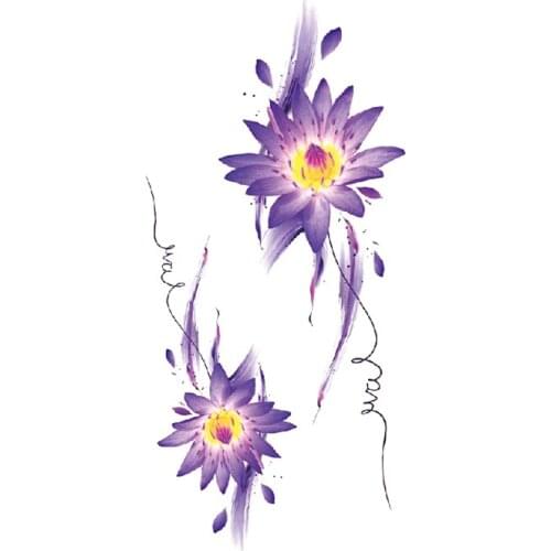 Watercolor Waterproof Temporary Tattoo Sticker Purple Flowers Letters Line Fake Tattoos Flash Tatoos Arm Body Art for Women Men