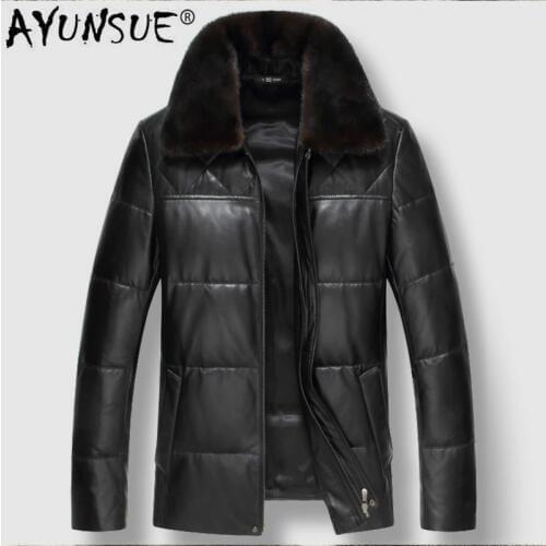 AYUNSUE Mens Leather Jacket Winter Real Sheepskin Coat Genuine Leather Down Jacket Men Mink Fur Collar Couro Legitimo 91888
