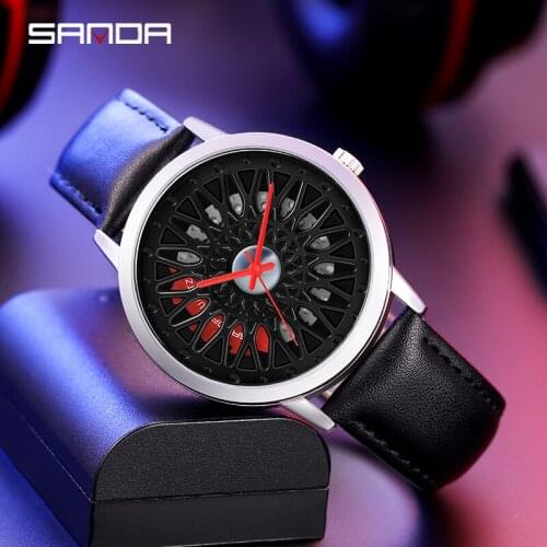 SANDA Fashion Wheel Dial Men Watches Creative Car Rim Sports Quartz Watches Waterproof Leather Band Watches Relogio Masculino