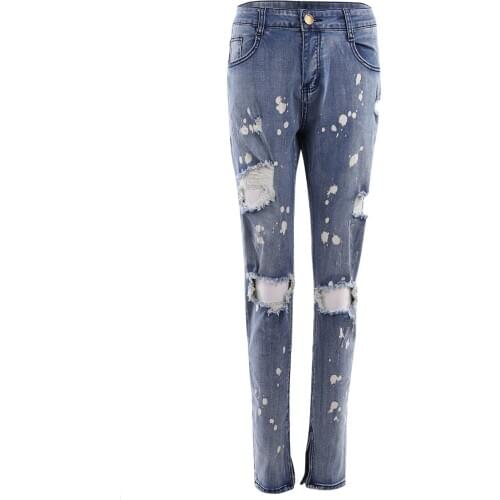 Brand New Men Paint Ripped Holes Denim Jeans, Middle Waist Skinny Trousers with Pockets Casual Style Bottoms