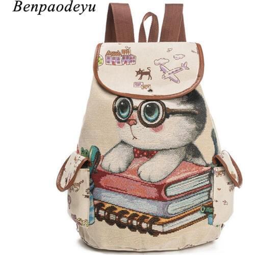 Canvas School Bags Cartoon Cat Printing Kids Backpack Soft Back Buckle Children School Bags for Teenage Girls Rucksack Kids Bags