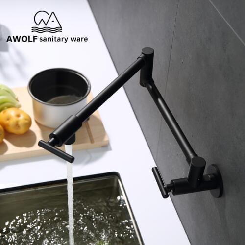 Kitchen Sink Faucet Tap Brass Wall Mounted Pot Filler Matte Black Floding Faucet With 24" Double Joined Swinging Spout FW005