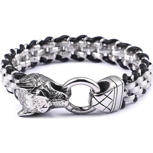 Cool Wolf Head Bracelet Chain 316L Stainless Steel Black Leather Rope Oval Link Chain Mens Bracelet Bangle 8.64inch 13mm Wide