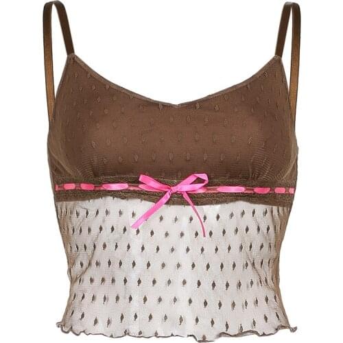 Summer new style polka dot mesh perspective contrast color umbilical sling base sexy womens tank top