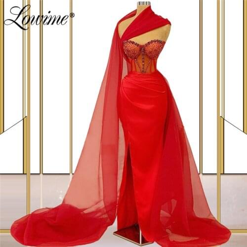 Lowime Illusion Red Sexy Party Dresses Long Mermaid Prom Dress 2021 Beaded Dubai Arabic Kaftan Abaya Evening Gowns Vestido Festa