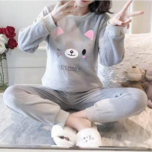 New 2021 Autumn Winter Warm Flannel Women Pyjamas Sets Thick Coral Velvet Long Sleeve Cartoon Sleepwear Flannel Pajamas Set Girl