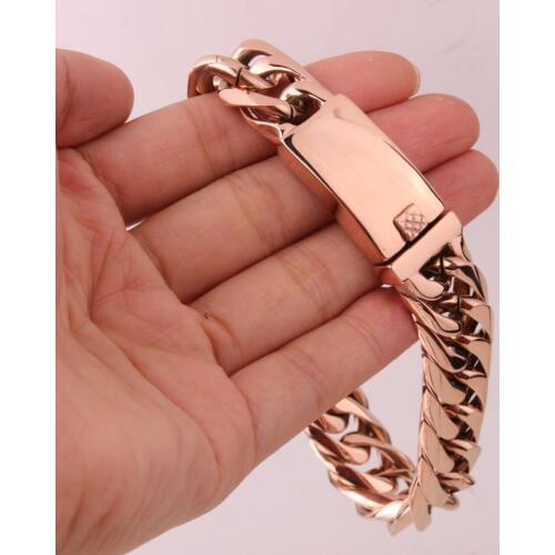 15mm Wide 7-11" Length Charming Jewelry 316L Stainless Steel Rose Gold Cuban Curb Chain Mens Womens Bracelet Handmade Wristband