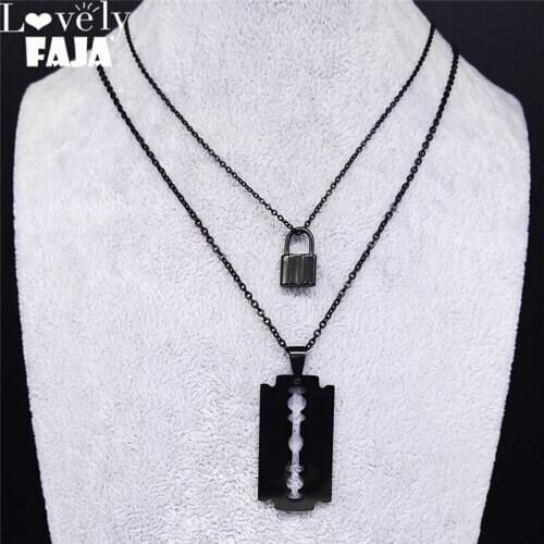 2PCS Hip Hop Double Layer Lock Blade Stainless Steel Necklace Women Black Color Pendant Necklace Jewelry bijoux femme N423S03