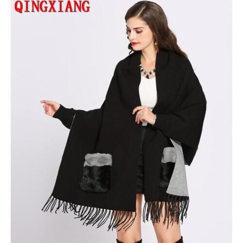 Sample 2021 Winter Faux Cashmere Poncho Women Long Sleeve Cloak Vintage Shawl Fur Pocket Female Oversize Tassel Knitted Scarf