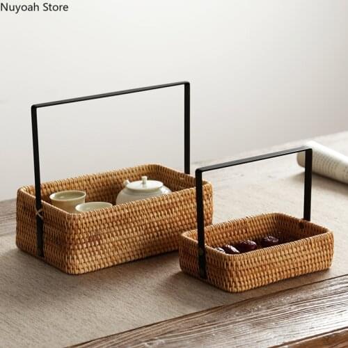 Rattan Wrought Iron Handbag Refreshment Fruit Plate Bread Snack Storage Basket Household Living Room Decoration Accessories