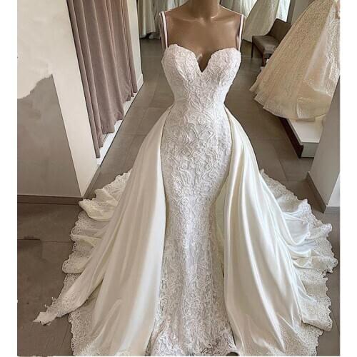 Luxury 2 In 1 Mermaid Lace Beads Wedding Dress 2020 Sexy Backless Wedding Bridal Gowns With Detachable Train Robe De Mariee
