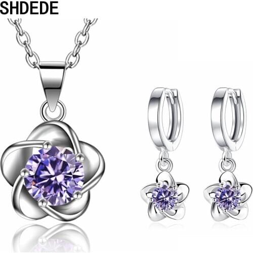 SHDEDE 925 Silver Earrings And Necklace Jewelry Set For Women Flower Accessories Embellished With Crystals From Swarovski -WH