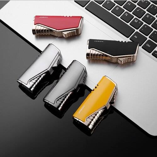 Triple Blue Torch Jet Gas Metal Lighter Cigar Pipe Lighter Visible Gas Window 1300C Windproof Turbo Lighter Mens Gadget