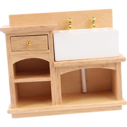 Wash Basin Cabinet Hand Sink Furniture for Dollhouse Bathroom or Kitchen Decoration 1/12 Miniature Wooden with Ceramic