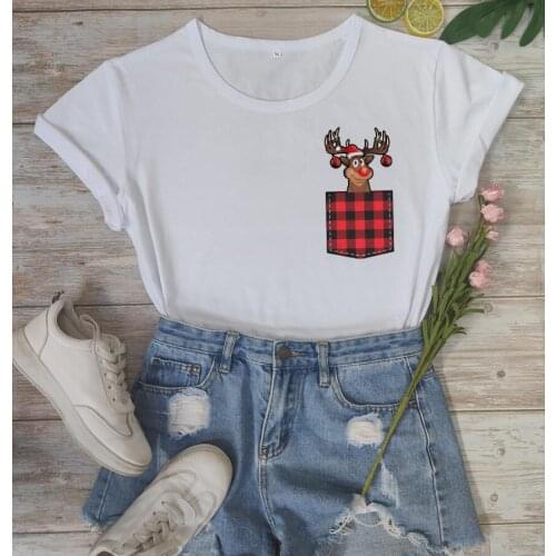 Funny Christmas Deer Pocket T-shirt Christmas gift tshirt Holiday style tee Women casual grunge vintage art top drop shipping