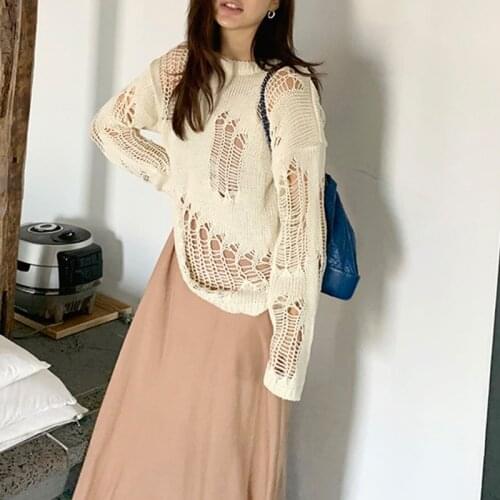 Lady Thin Hole Split Knitwear Cool Hipster Gothic O Neck Outdoor See-through Top Women Solid Beige Hollow Sweater 2021 Spring