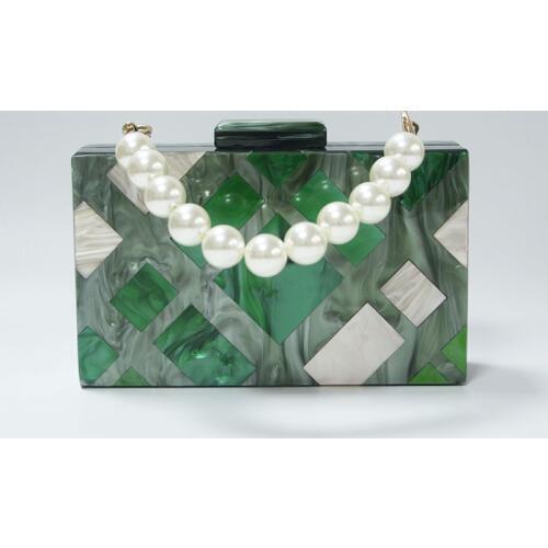 Gometric Pearl Green With beige patchwork handmade women evening bead handle acrylc box clutches female flap party beach purse