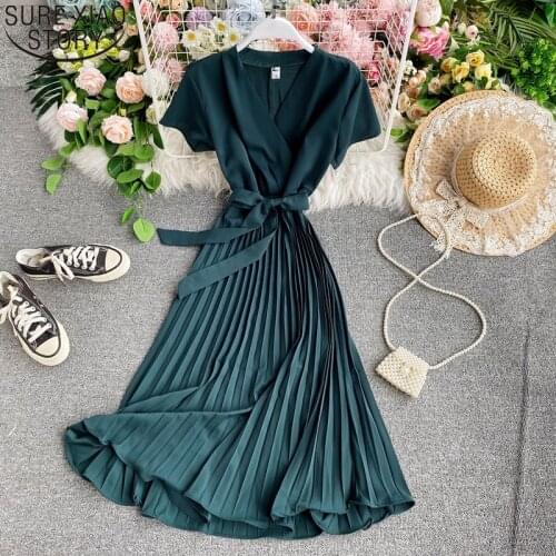 2021 Summer New V-neck Short Sleeve Dress Women Elegant Pleated Dress Lace-Up A-line Midi Long Dresses Vestido Feminino 15028