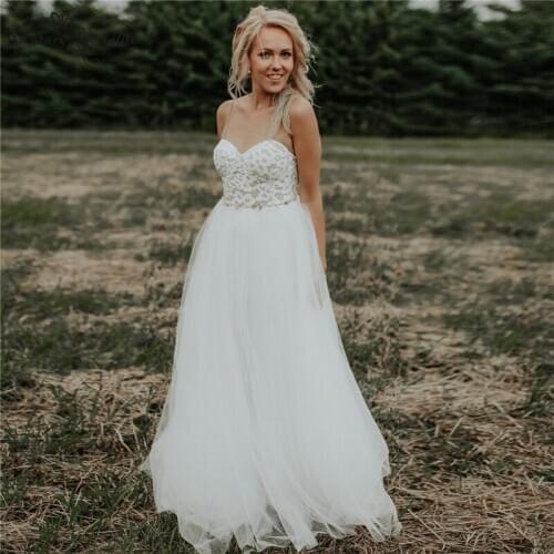 Simple Boho Wedding Dresses for Women Spaghetti Straps Beads Fitted Lace Bodice Tulle Skirt Beach Bridal Gowns Vestidos De Novia