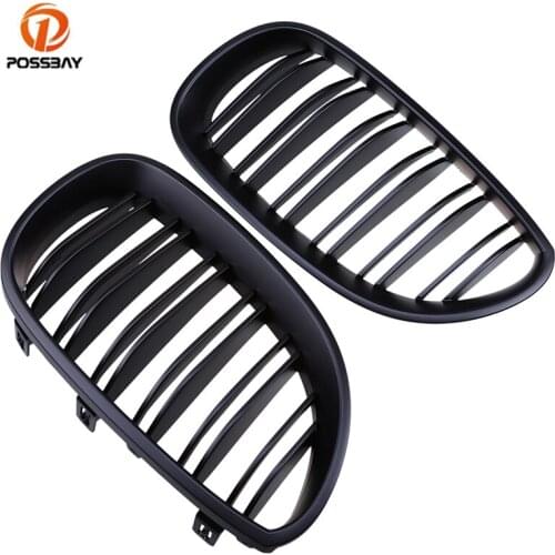 POSSBAY 2Pcs Car Front Wide Kidney Grills Matte Black Double Lines Hood Grille for BMW 5-Series E60/E61 520d/520i M5 2004-2011