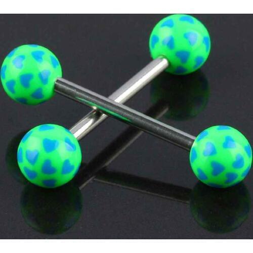 TUMBEELLUWA 1Lot (2Pc) Green Blue Heart LOVE Stainless Steel Ball Bar Barbell Piercing Nipple Tongue Rings Jewelry
