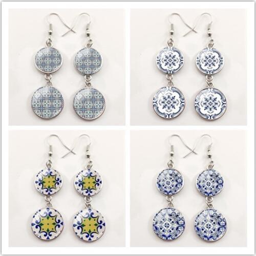 2020 Portuguese tile Graphic Earrings Mandala Portugal flower Earring for women girls birthday gift Temperamental Jewelry