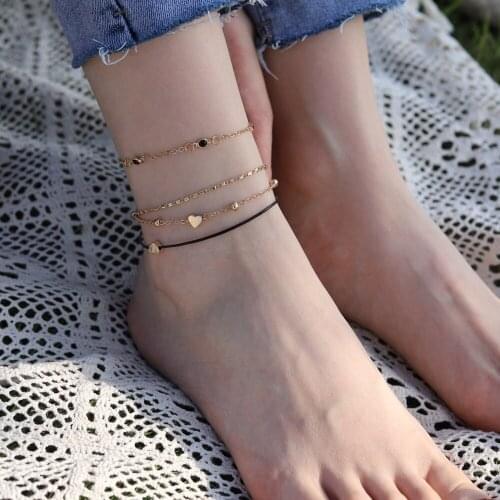 4pcs Boho New Womens Love Multilayer Anklet Set for Women Black Weaving Charms Beaded Anklet Foot Chain Jewelry