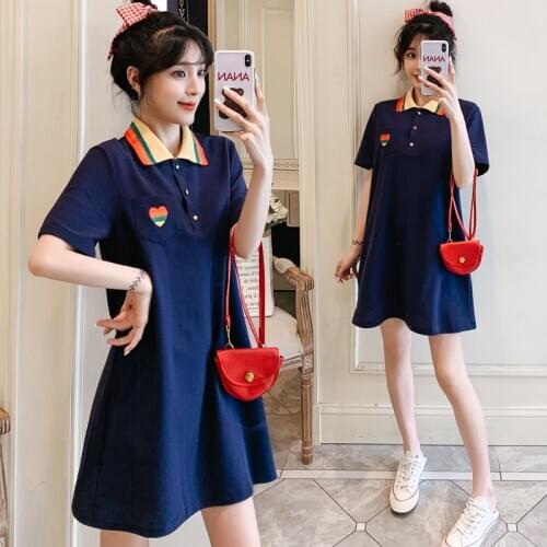 6877# Maternity Clothes Summer Cotton Short Sleeve Loose Stylish T-shirt Turn Down Collar Dress for Pregnant Women Mom Dress