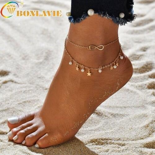 2018 Gold Color Double Layer Chains Anklet Women Star Imitation Pearl Bohemian Ankle Bracelet Barefoot Boho Foot Jewelry