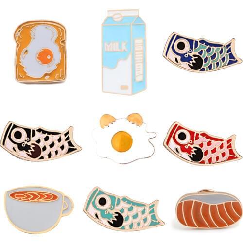 Japanese Food Brooches Milk Koi Fish Lapel Pins Bag Decorative Clothes Jewelry Bread Egg Tea Enamel Pin Badge unisex Brooch Gift