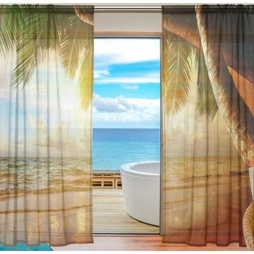 Hawaii Ocean Sheer Curtains for Living Room Tropical Forest Palm Leaf Window Tulle Curtain Customized Voile Curtain for Bedroom