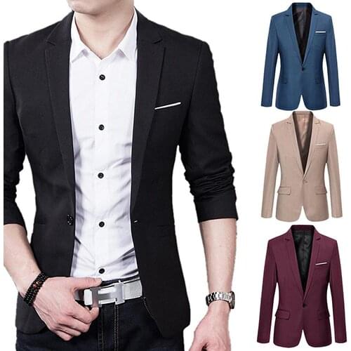 Hot Sale Men\s Solid Color Step Collar Slim Blazer Formal Business Wear One Button Suit