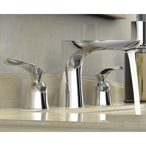 Chrome solid brass bathroom sink basin faucet Art design Dual handle three holes mixer faucet
