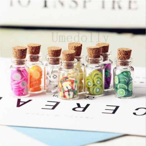 2PCS Simulation Mini Wooden Stopper and Fruit Slice Glass Bottle 1/12 Dollhouse Minaiture Play Kitchen Food for Doll Toy
