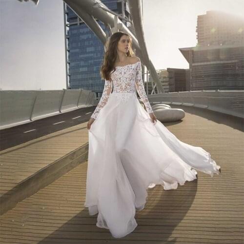 Off Shoulder Long Sleeve Lace Wedding Dresses Boat Neck A Line Tulle Floor Length Bridal Gowns 2021 Vestidos De Fiesta