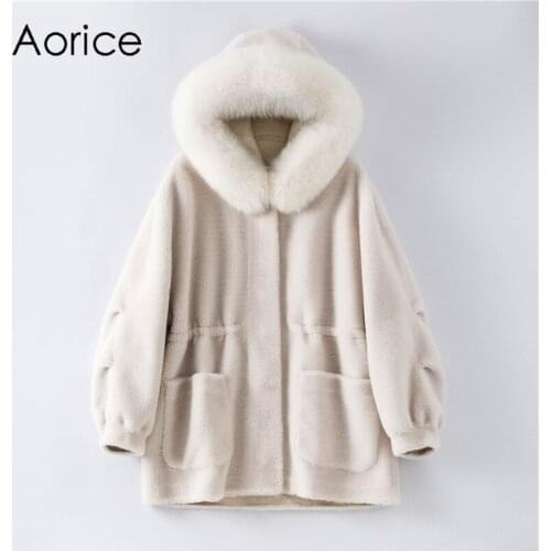 Aorice Women Real Fur Jacket Coat Female Wool Fur Parka Fox Fur Collar Hooded Coats Jackets H18050