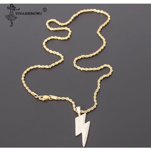 Micro Paved AAA Cubic Zirconia Bling Iced Out Lightning Pendants Necklace For Men Hip Hop Rapper Gold Color Necklaces Jewelry