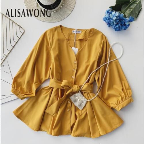 Fashion Women 3/4 Sleeve Beho Blouse New 2019 Spring Autumn Slim Bandage Short Shirts Woman Sexy V-neck Single-breasted Tops